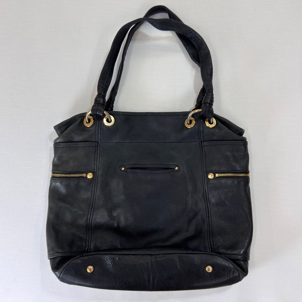 B. Makowsky Black Leather Shoulder Bag Lace Up Tassel Gold Hardware Tote - Picture 2 of 12